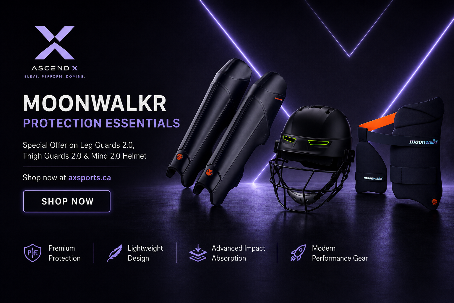 Promotional graphic for Moonwalkr Protection Essentials by Ascend X, showing a black cricket helmet with a face guard alongside black leg guards, thigh guards, and a protective pad on a dark studio background with purple neon lighting and marketing text.